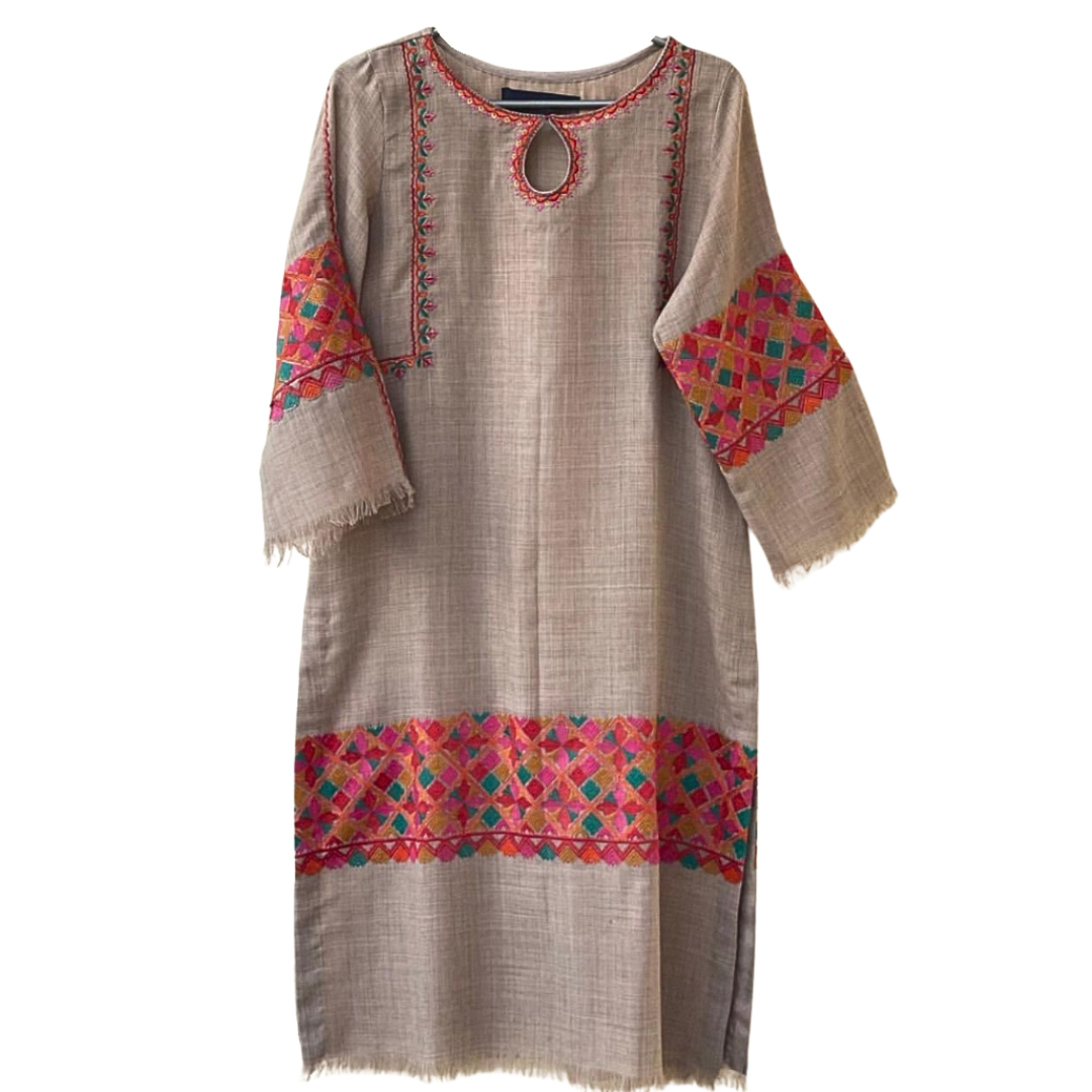 Beige Pashmina Wool Kurta Set – Embroidered Winter Outfit for