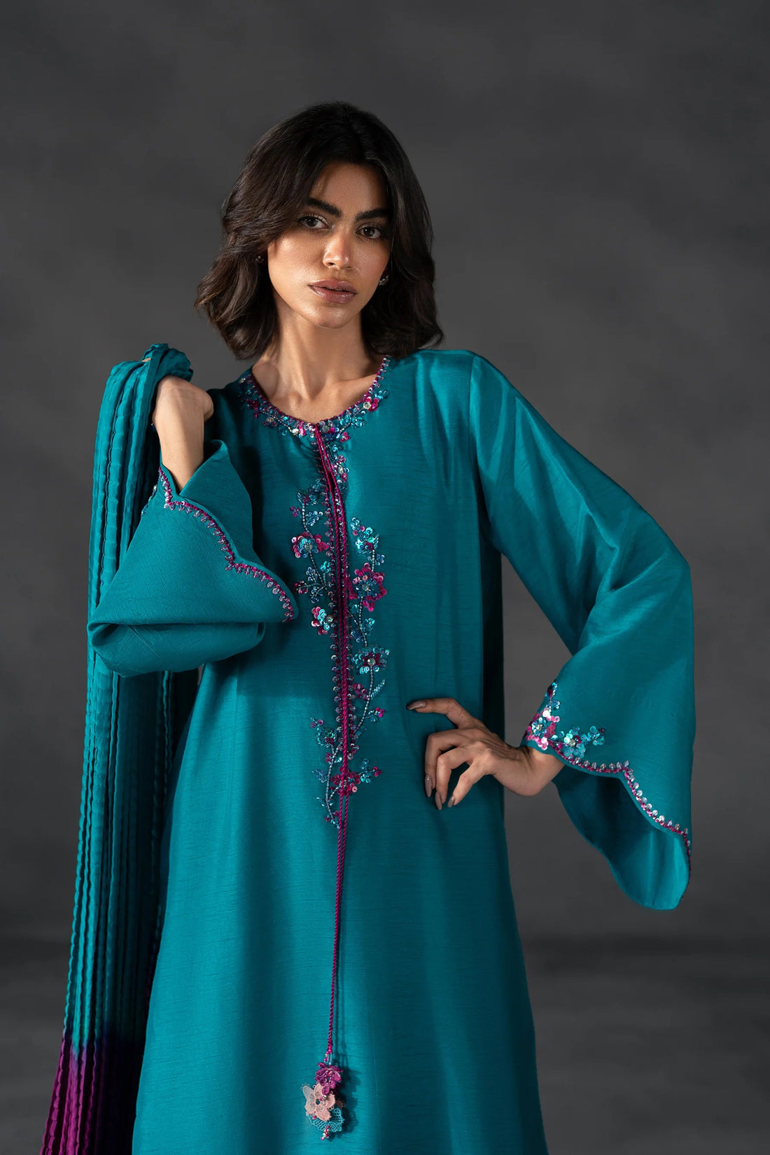 Teal Blue Raw Silk Kaftan Dress – Pakistani Party Wear | Eid & Formal Outfit Online ChoiceFabrics